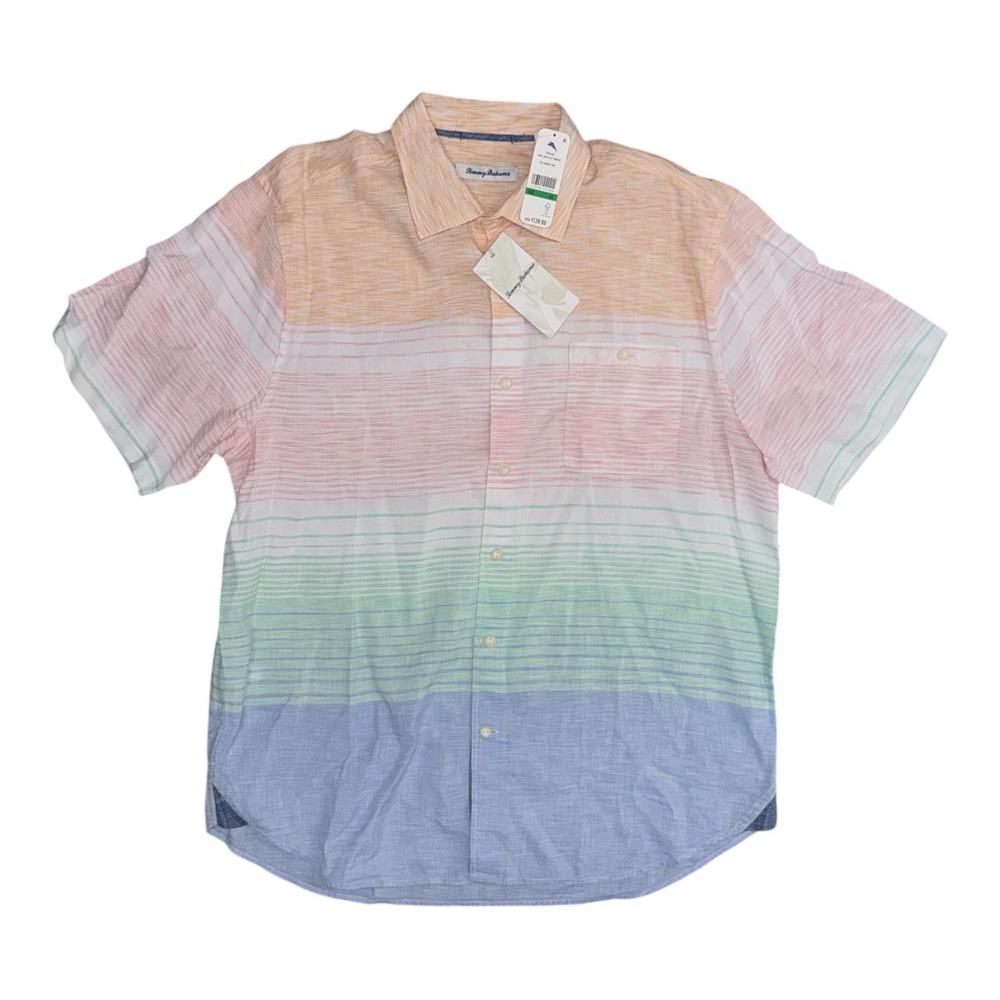 Tommy Bahama Mens Large Sand Linen Easy Sunrise Orange Peel Short Sleeve Shirt